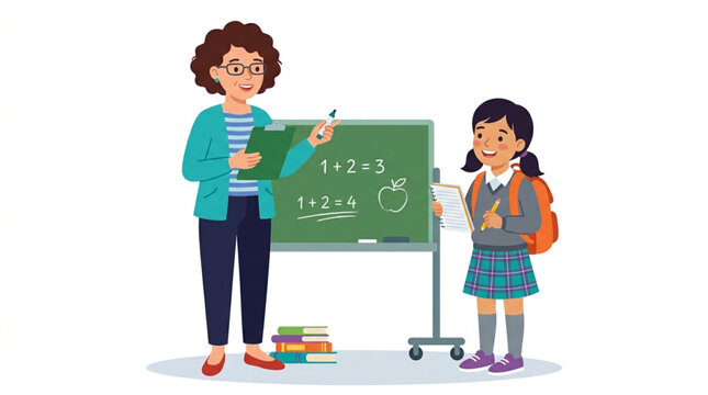 Teacher instructing a young student at a blackboard with math equations.