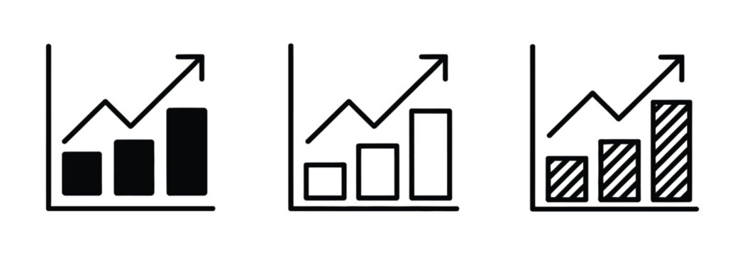 High quality vector of set of three bar chart icons with upward arrows representing growth.