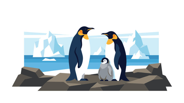Two adult penguins stand with their chick upon rugged dark rocks in an icy landscape filled with glacial icebergs under a light blue horizon and clear sky.