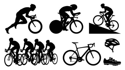 Obraz premium Set of black cyclist silhouettes and racing equipment vector illustration