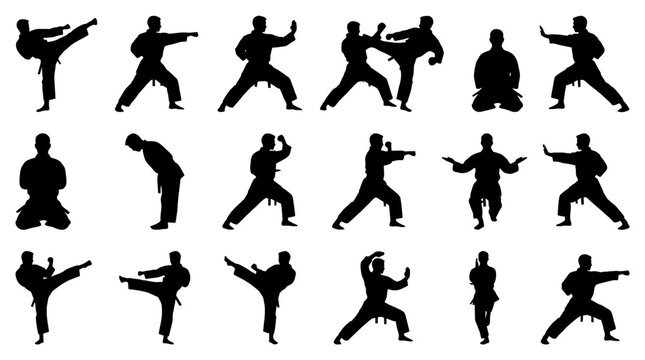 Set of black karate martial arts silhouettes on white background