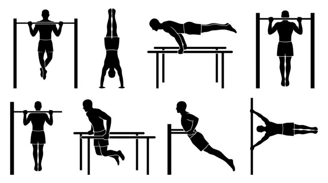 Set of black silhouettes showing men performing calisthenics workout exercises