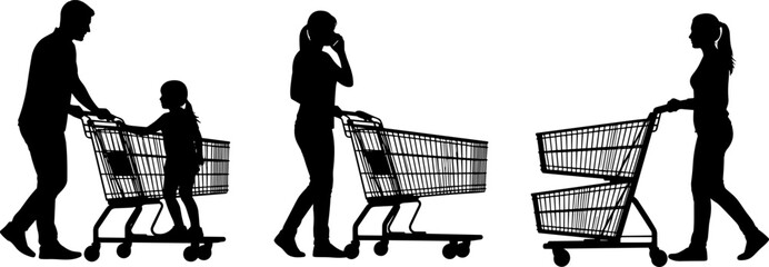 Family shopping silhouettes with parent and child pushing cart and individual shoppers isolated on white background for retail lifestyle concepts © Mukti