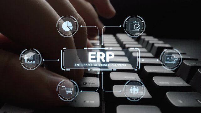 ERP platform visual showing centralized system for enterprise resource planning, improving integration, data flow, business efficiency, finance, inventory, and human resources. Muxer