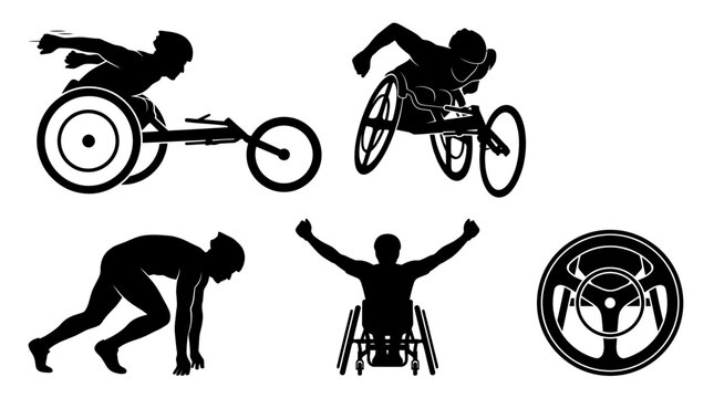 Black silhouettes of paralympic wheelchair athletes and racing equipment vector illustration