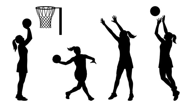Black silhouettes of women playing netball sport vector illustration