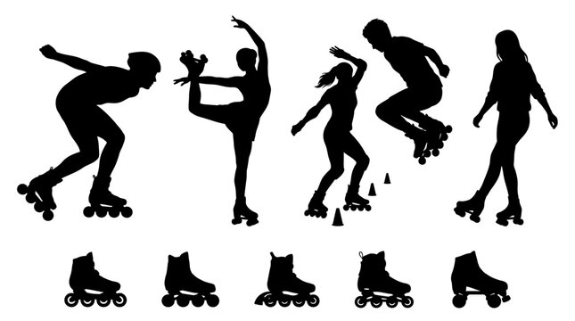 Collection of active roller skating silhouettes on plain white background