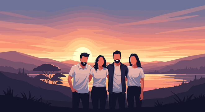 Group of four diverse friends stand together on a hilltop embracing the warm glow of a setting sun painting the sky with vibrant hues of orange and purple over a serene lake and distant mountains