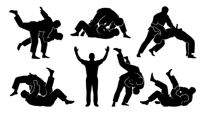 Judo and Brazilian Jiu Jitsu fighting silhouettes black vector illustration
