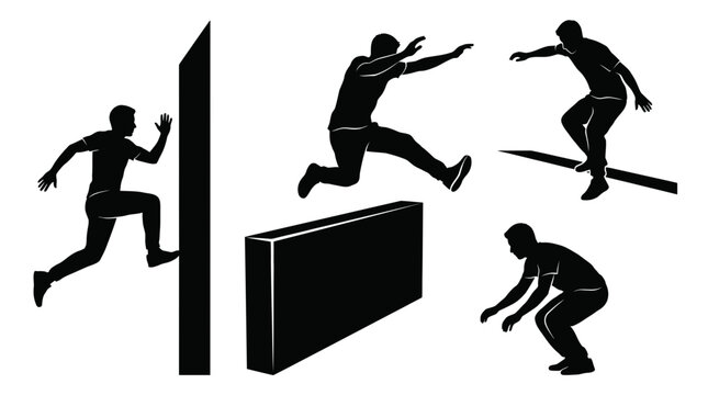 Parkour athlete silhouettes jumping and climbing on obstacles vector illustration