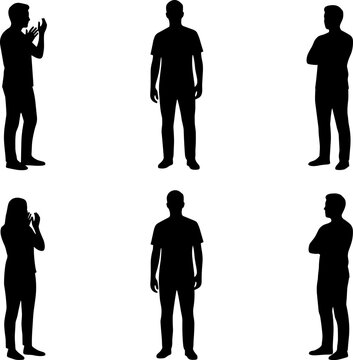 Human silhouettes in standing and speaking poses isolated on white background representing communication, body language, interaction, and everyday lifestyle activities