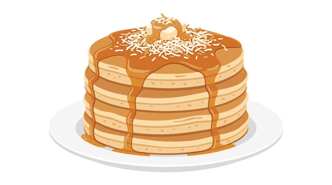 A stack of fluffy golden brown pancakes topped with a melting pat of butter and maple syrup is presented on a white plate.