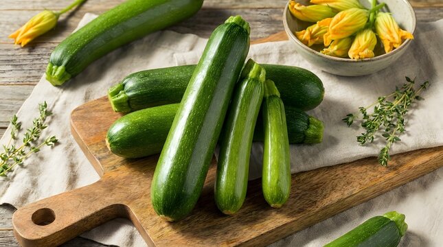Fresh green zucchini squash on wooden cutting board