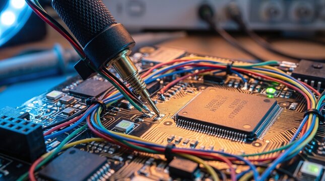 Close-up of a soldering iron working on a complex circuit board with many colorful wires connecting components