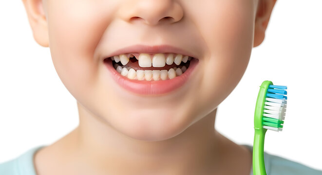 Child smiling with missing front tooth and green toothbrush