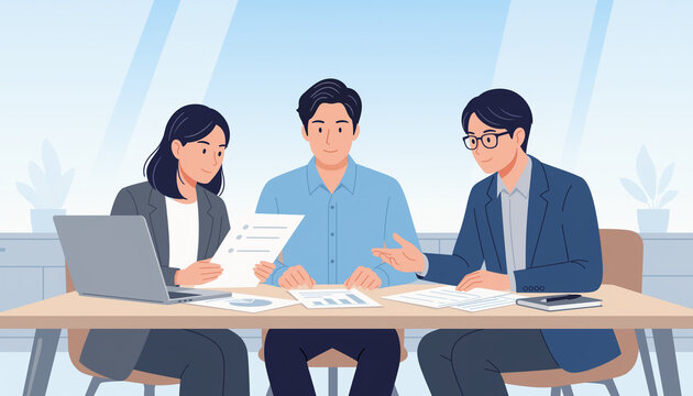 ビジネス資料を確認する3人の会社員のフラットイラスト
