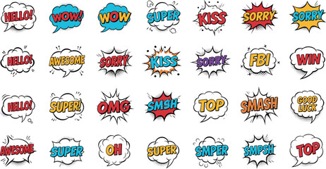 Large Collection of Comic Book Speech Bubbles with Sound Effects and Expressions Like Wow Omg and Super © MstSuraiya