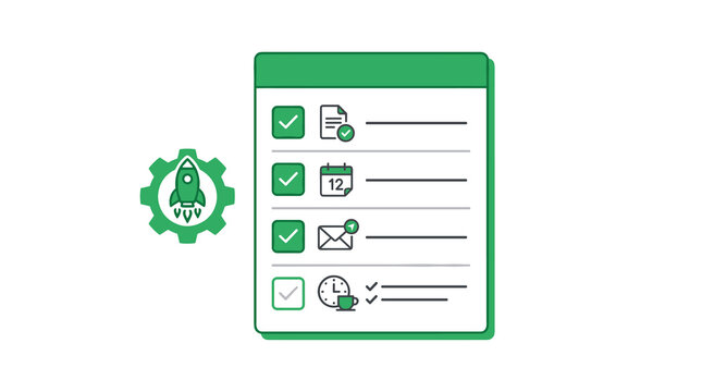 A productivity checklist illustration featuring a green rocket gear icon alongside task completion markers and small symbols set against a sterile white environment.
