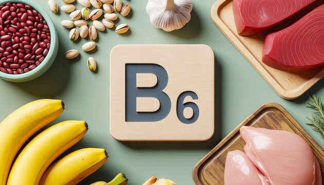 Flat lay with Vitamin B6 and products around where it is contained, healthy nutrition