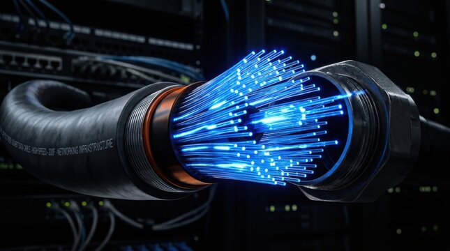 Glowing fiber optic cable showing high speed data transmission