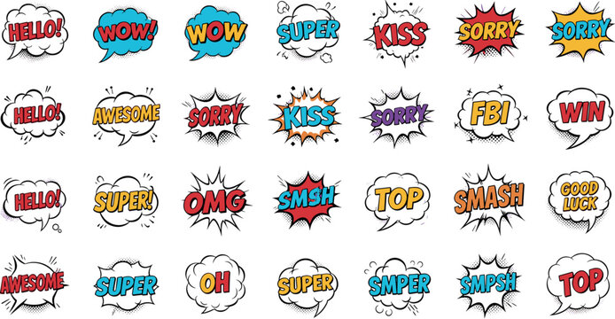 Large Collection of Comic Book Speech Bubbles with Sound Effects and Expressions Like Wow Omg and Super