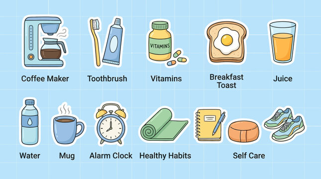 Morning routine stickers with daily habits and self care objects