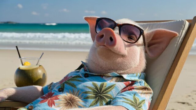 Funny pig wearing sunglasses and hawaiian shirt relaxing on tropical beach. Summer vacation concept.