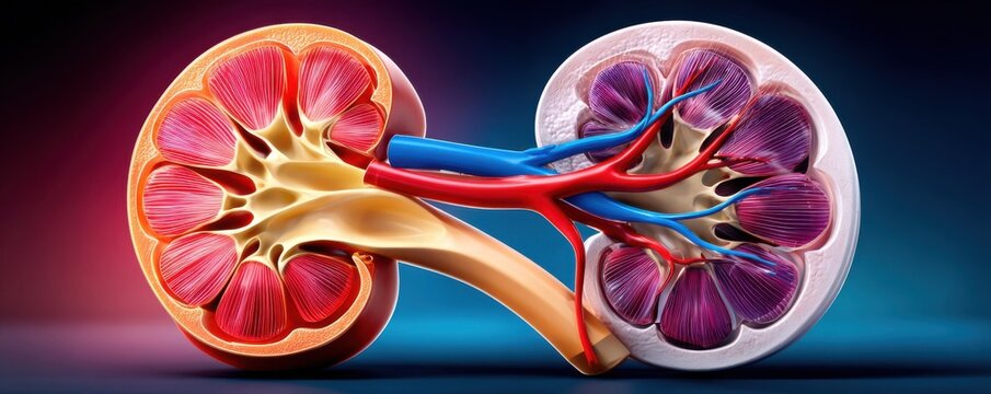 Anatomically accurate 3D medical render of human kidneys showing renal arteries, veins and cortex detail