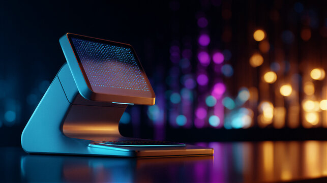 Futuristic AI desktop terminal with matte ceramic and brushed metal finish, holographic panel, neon blue-purple and amber cinematic lighting. High-end 3D render with ample negative space, ideal...