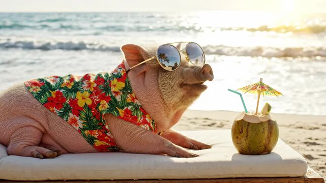Funny pig in floral shirt and sunglasses relaxing on beach sunbed with coconut drink. 