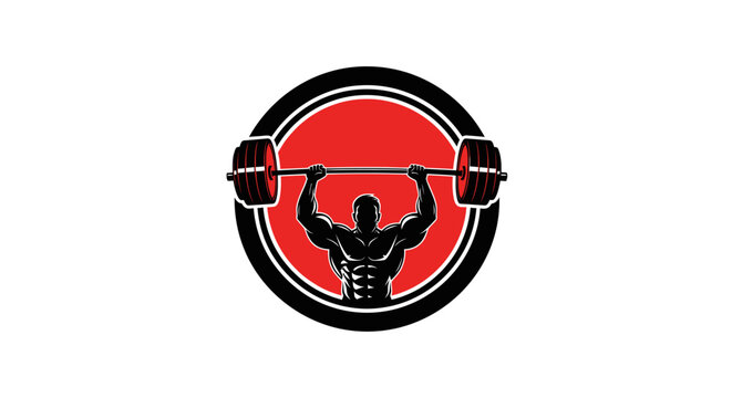 Weightlifter lifting barbell overhead in a circular emblem.