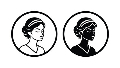Elegant woman profile portrait inside a circle icon in outline and solid black silhouette styles for beauty branding © Alex