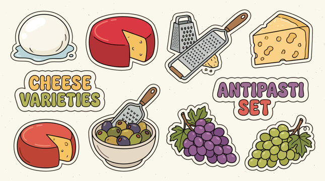 Varieties of cheese in retro cartoon style