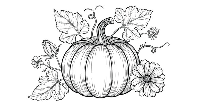 Detailed line art drawing of a single ripe pumpkin surrounded by decorative autumn leaves and flowers