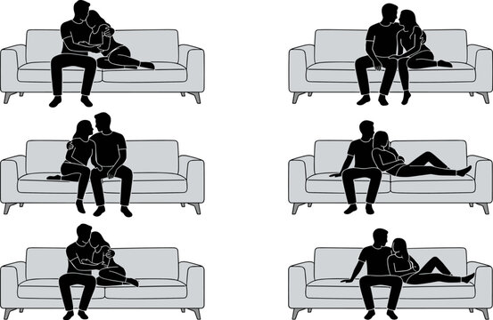 Black silhouette illustrations of people seated on sofas in conversational poses, symbolizing communication, interaction, body language, and meeting concepts