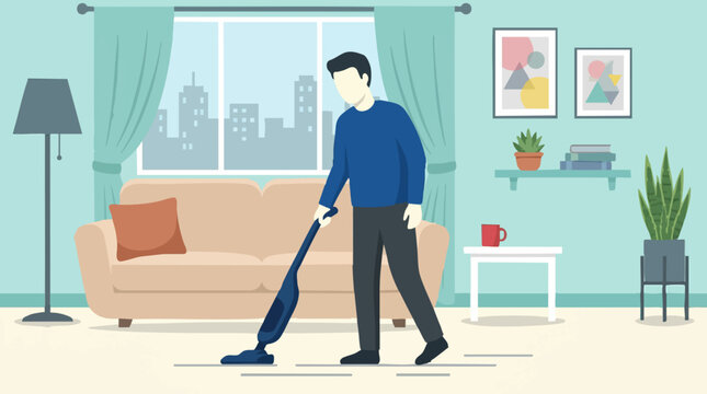 Young man cleaning the floor with a stick vacuum cleaner in his apartment