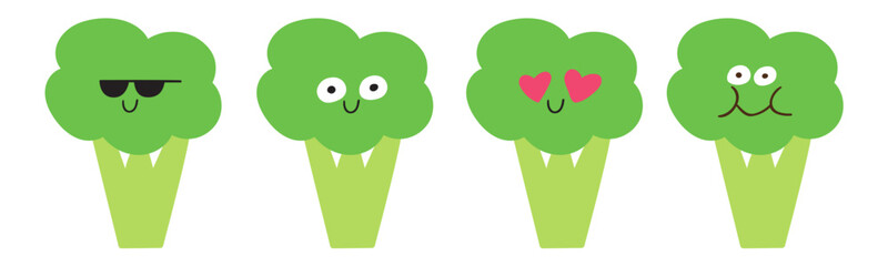 Obraz premium Hand drawn cute broccoli characters set with various funny emoji faces