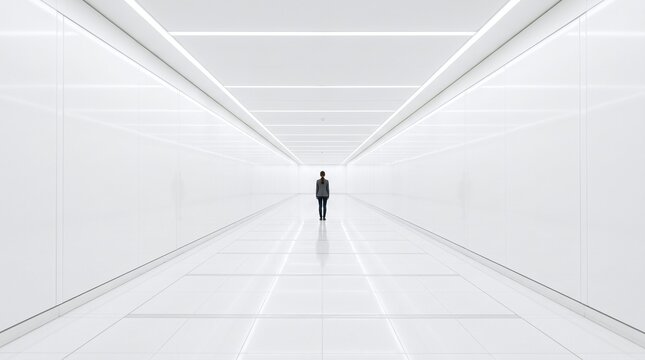 A solitary figure walks down a long, bright, futuristic white corridor, creating a sense of isolation and wonder