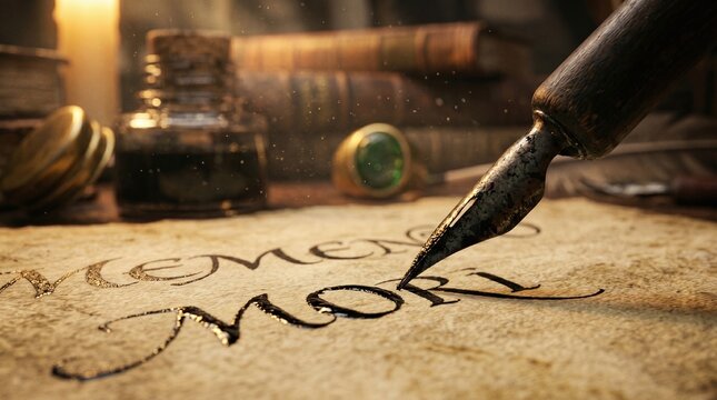 Elegant calligraphy with an antique quill pen inscribes a powerful philosophical concept on vintage parchment, surrounded by historical artifacts that evoke deep reflection on human existence