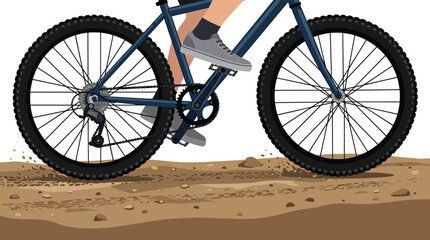 Naklejka premium A dark blue mountain bike frame is shown at a side angle with focus on the rear derailleur and pedals moving over a dusty brown dirt path surface.