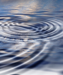 Naklejka premium Drops, ripples or water with liquid reflection for pattern, ambiance or droplet on background. Abstract art, circle and drip with motion or impact of hydro wave, vibration or flow for frequency