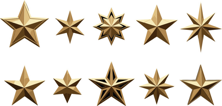 Set of 3D Golden Metallic Star Icons in Various Shapes for Premium Awards, Holiday Decorations, and Ranking Systems Design