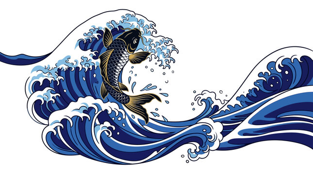 A large fish jumps out of a crashing ocean wave with dynamic water splashes