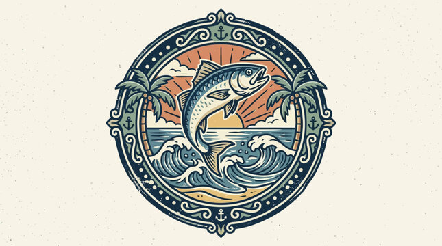 Vibrant illustration of a jumping fish surrounded by waves and sunset in a circular ornate frame.