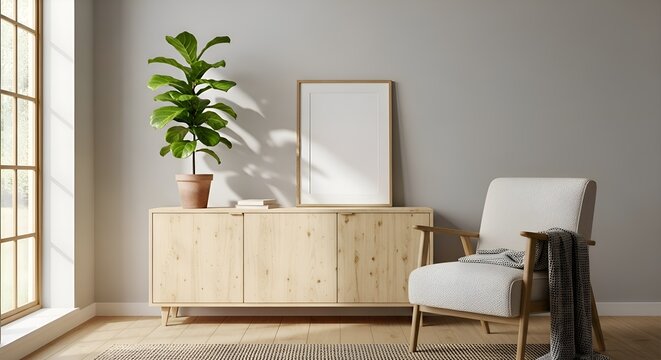 Modern minimalist living room interior with fiddle leaf fig plant, armchair, and empty frame