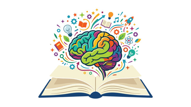 A colorful human brain rests on an open book surrounded by various icons of gears and light bulbs against a clean white background with a vibrant multi-colored artistic design styl