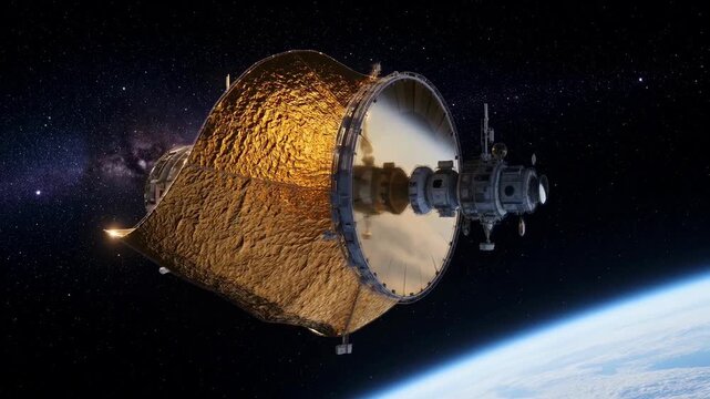 Space telescope orbiting Earth with golden mirror, stars visible