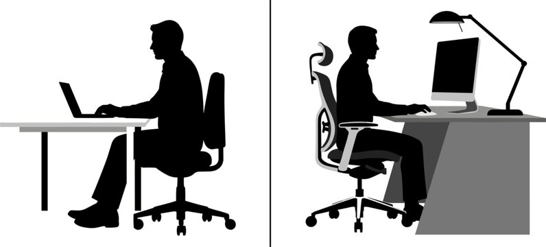 Office worker silhouettes using laptop and desktop computer at desk isolated on white background for modern workplace and productivity design