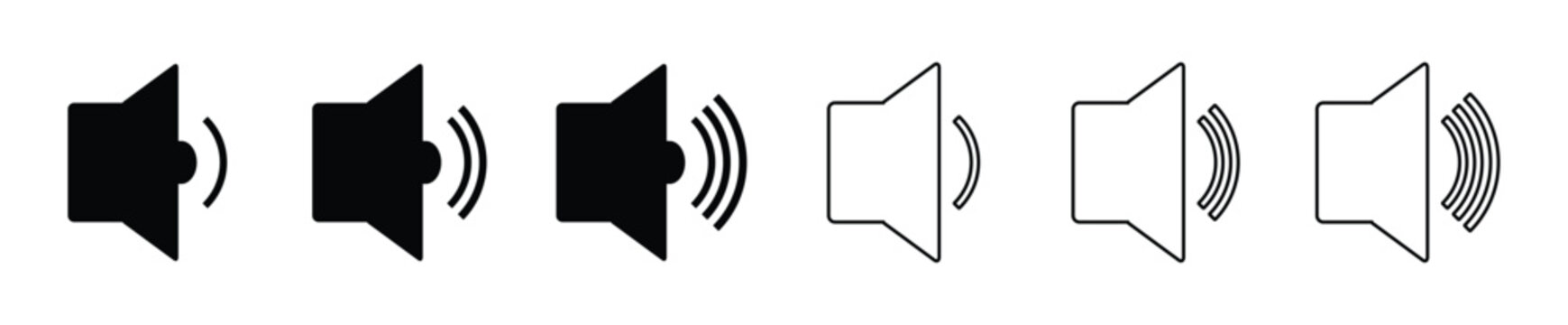 Sound volume icons set with different signal levels on white background. Sounds, volume up and down icons in a clean, modern style for apps and websites.