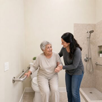 Caregiver assisting elderly woman in accessible bathroom with grab bar